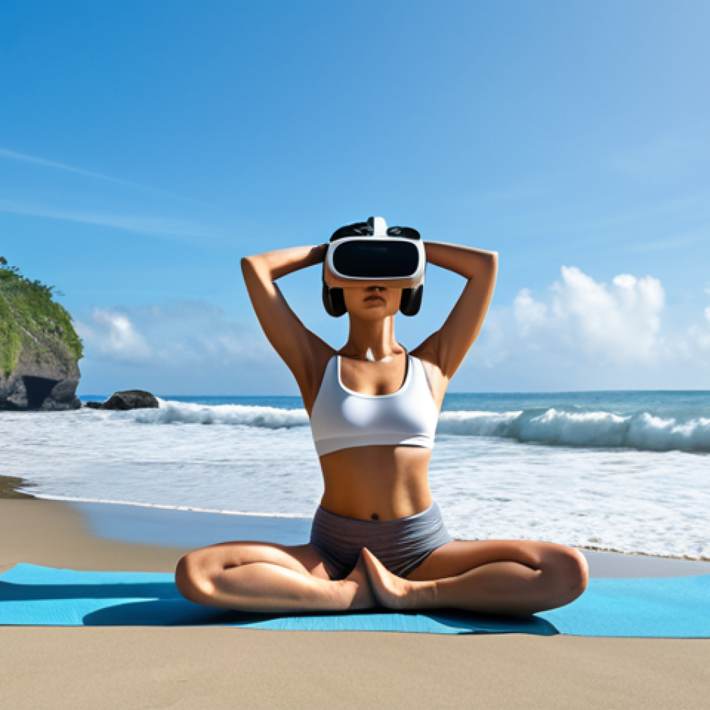 A person doing yoga on a beach in Bali, wearing a VR headset, with calming waves and clear blue skies.