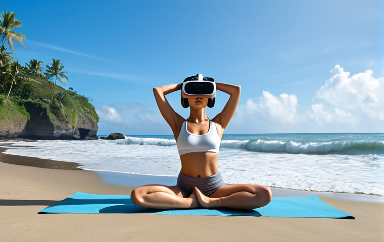 A person doing yoga on a beach in Bali, wearing a VR headset, with calming waves and clear blue skies.