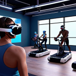 A person wearing VR glasses exercises with an avatar in a metaverse gym, surrounded by other avatars and a virtual environment.